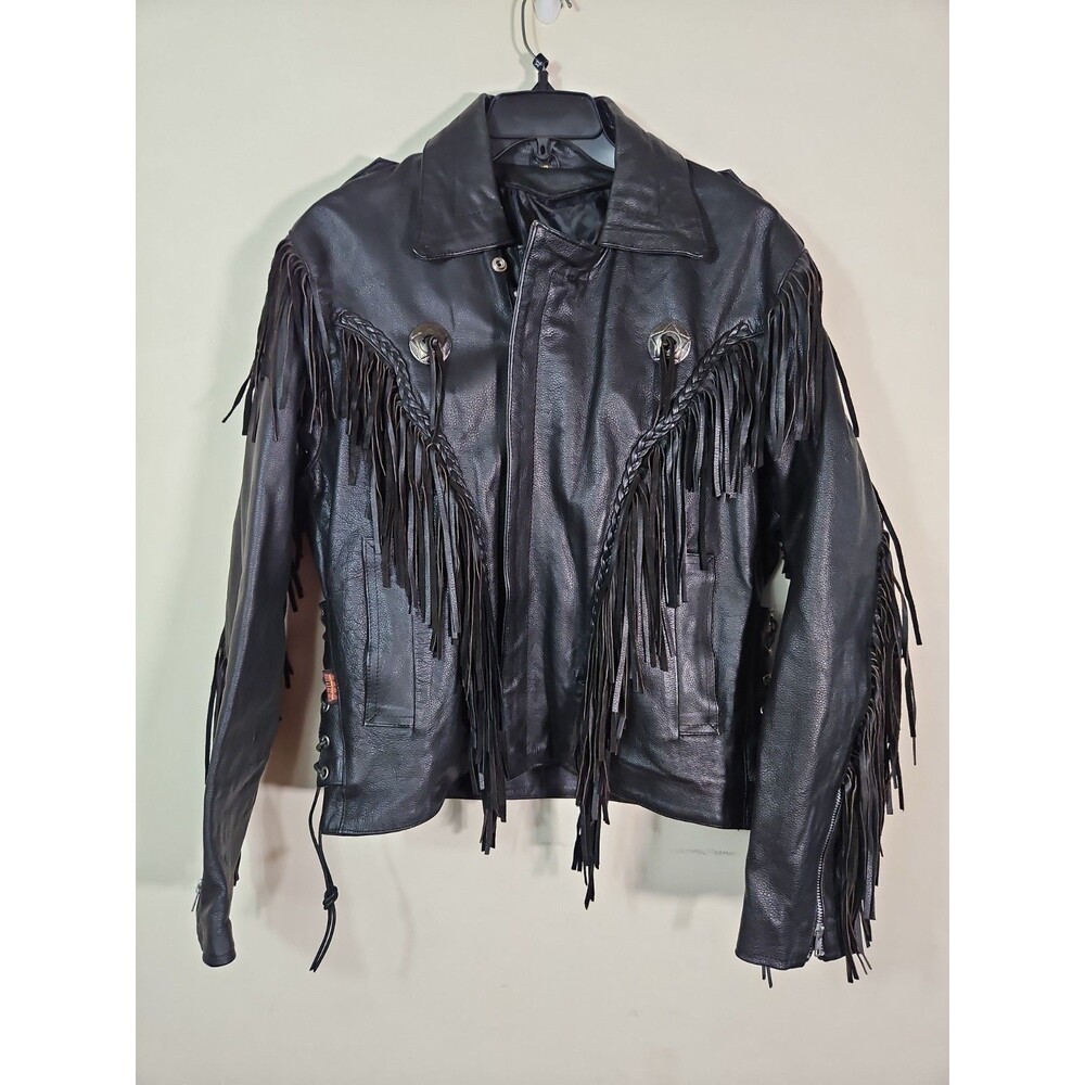 Vintage USA made FRINGE Hot leather jacket concho WESTERN motorcycle 42 44 black